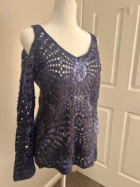 NWT INC Blue Crochet Openwork Top